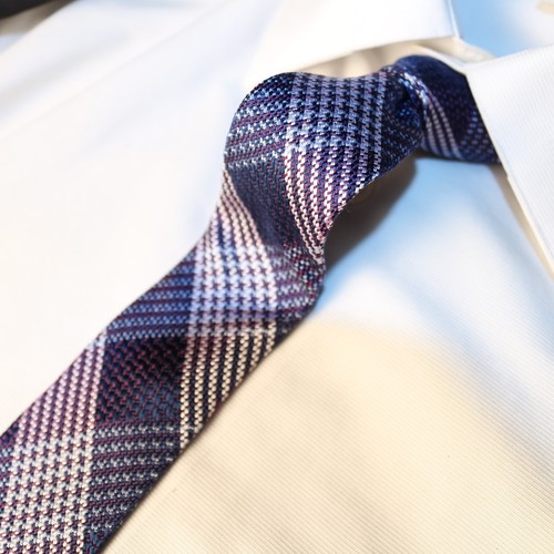 BEN SHERMAN Blue Lavender White Plaid Silk Woven Skinny Necktie TIE 60"L x 2.5"W - Picture 3 of 12