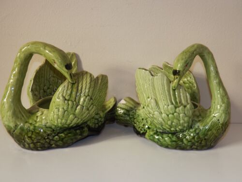 Antique Victorian Pair of Majolica Swan Planters-Condition With Associated Wear - Foto 2 di 11