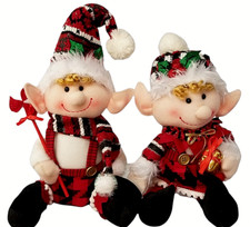 Plush Christmas Elf Sitter Set of 2 Red Black Gold 14" Plaid New Holiday Glitter