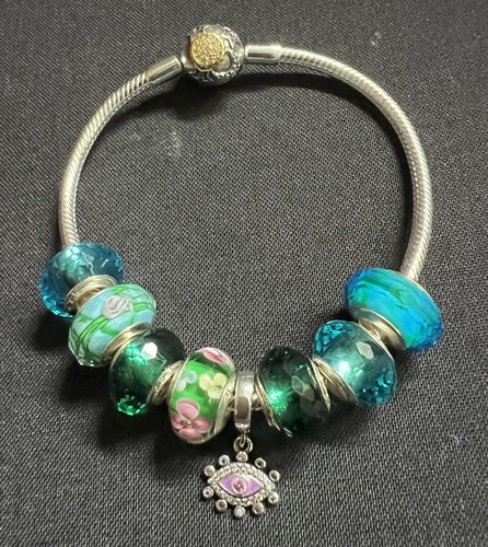 Evil Eye Moon Star Sun Italy Murano 925 Sterling Silver Snake Bracelet & Charms - Picture 10 of 21