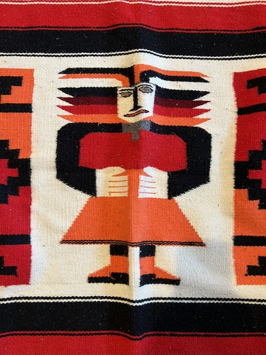 Vintage Wolle Handgewebt Teppich Yei Thunderbird Design Southwest Creme Rot Schwarz 4x6 - Bild 3 von 5