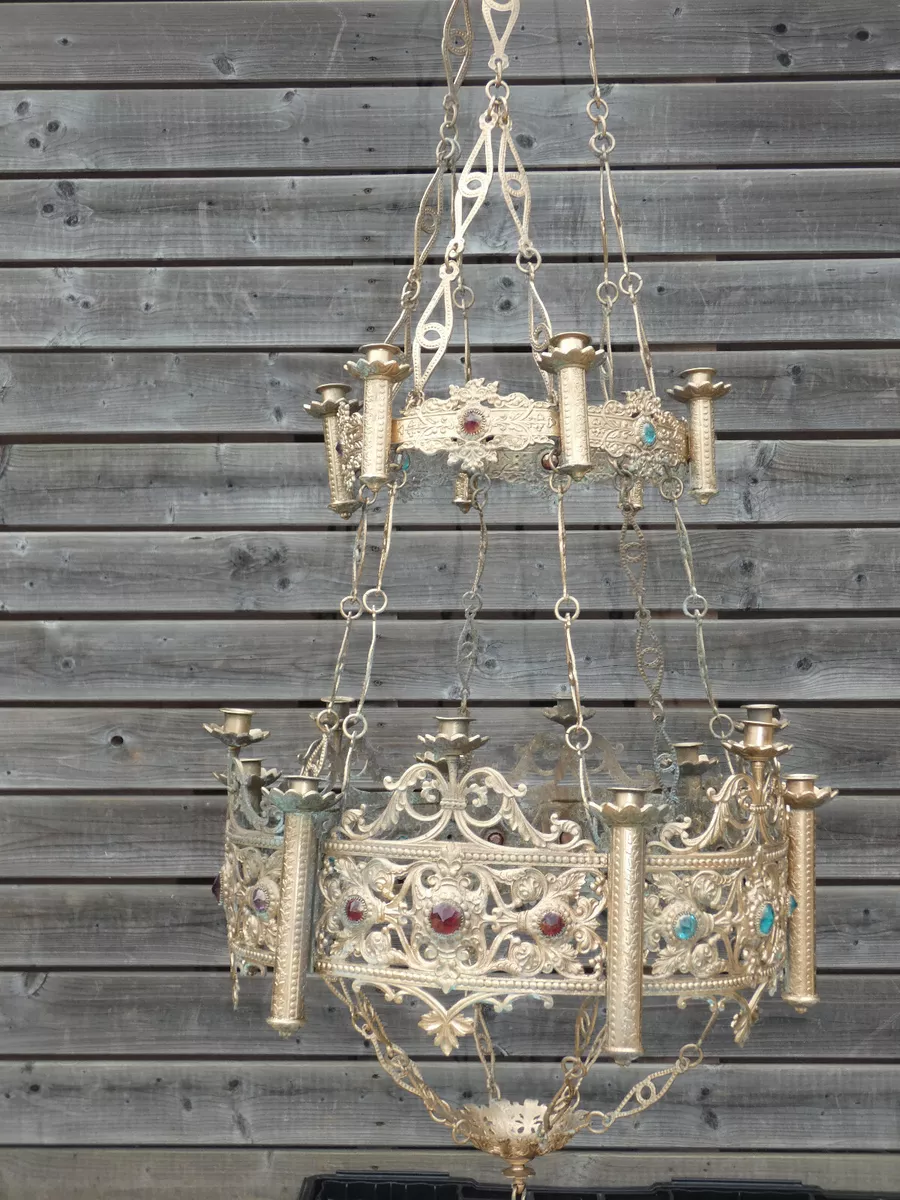 Antique church neo gothic brass religious chandelier candle holder Lamp stones