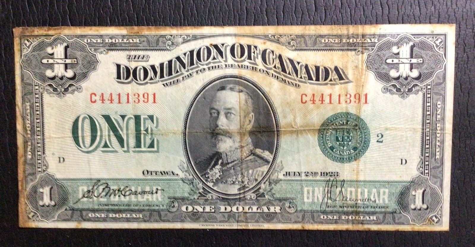 1923 "Dominion of Canada" "GREEN Seal" "LARGE SIZE" Paper Money! VG