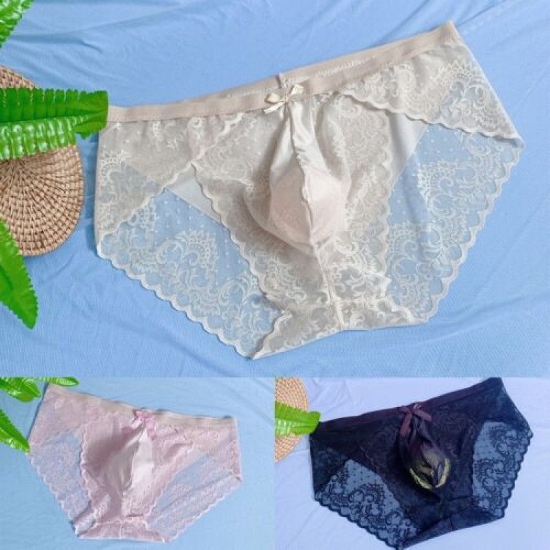 Men Sissy Pouch Panties Sexy Lace-Sheer Briefs G-String T-Back Thongs Underwear