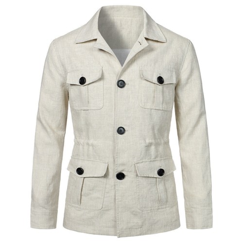 Chaqueta de safari de lino para hombre bolsillos calce ajustado abrigo de caza informal Prendas para el torso británico - Imagen 7 de 24