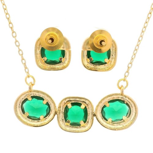 Emerald Green Color Stone Studded 3 Pcs Set With Black Enamel - Picture 3 of 3