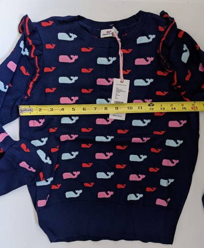 Vineyard Vines XL 16 Girls Allover Whale Ruffle Sweater Fairisle Deep Bay Blue - Picture 5 of 10