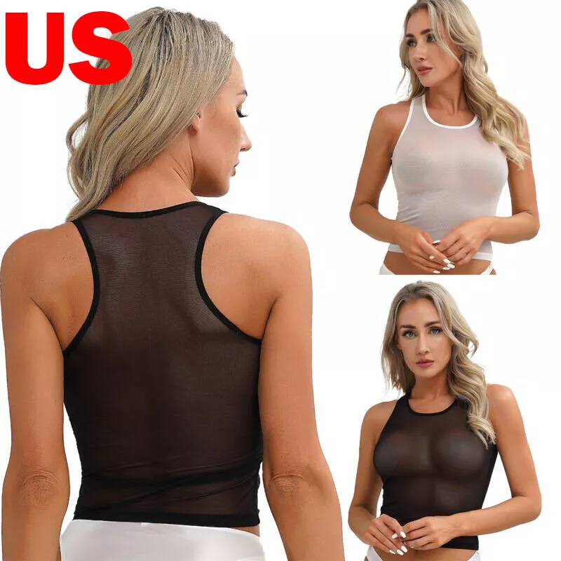 US Women s Crop Top See Through Sheer Mesh Cami Tank Top