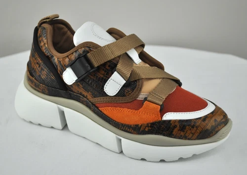 Chloe Sonnie Mixed-Media Low-Top Sneaker, Chestnut Brown size 36
