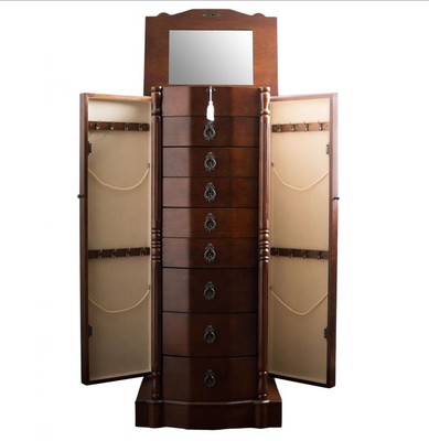 Jewelry Box Armoire Walnut Lock Mirror Tall Stand Wood Storage Jewelry Box Armoire Walnut Lock Mirror