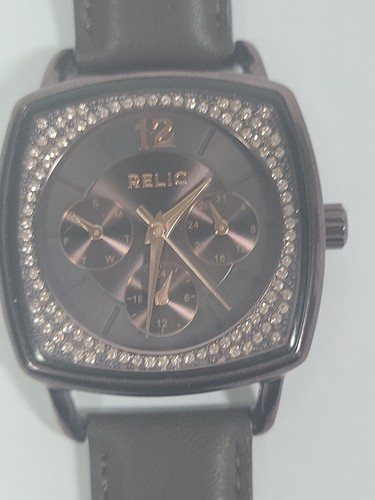 Relic Watch Women Metallic Brown Pave Dial Day Date Leather Band New Battery - Picture 4 of 15