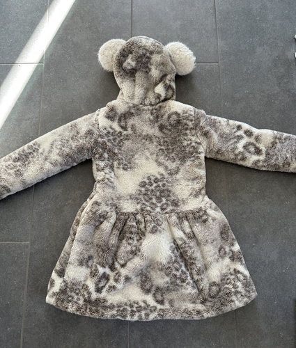 Widgeon Girl's Leopard Print Faux Fur Pom Pom Hood Coat, Size 7 - Picture 3 of 3