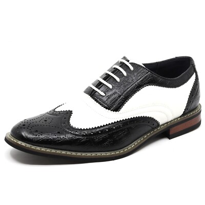 Black White Men's Two Tone Perforated Wing Tip Lace Up