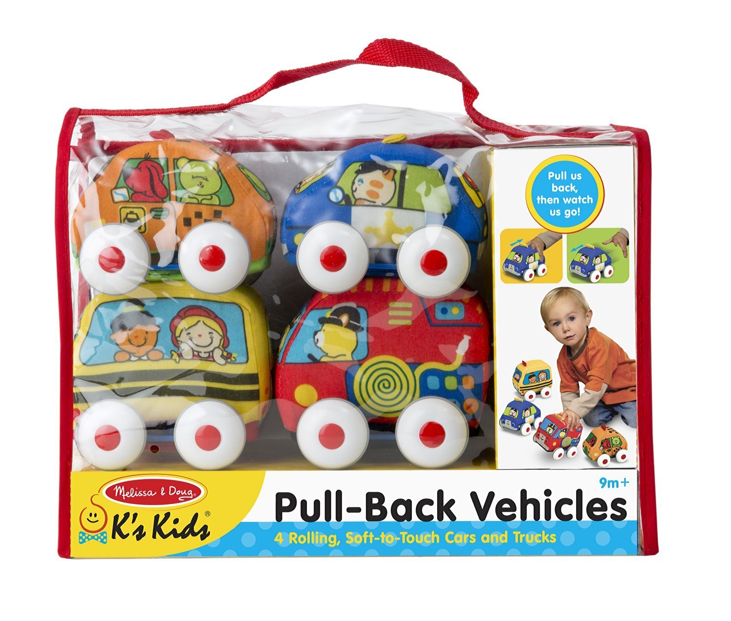 Baby Soft Toy Set 4pc Pull Back Play Car Truck Bus Toddler Carry Bag Learning