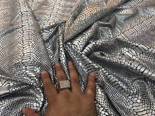 SILVER IRIDESCENT SNAKE SKIN PRINT ON A NYLON 2 WAY STRETCH SPANDEX-SOLD BY YARD - Picture 12 of 12