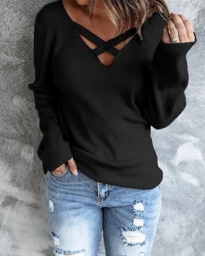 XIONGMEI Womens Cross Front Long Sleeve V Neck Sweater Solid Color Casual Loose - Picture 3 of 6