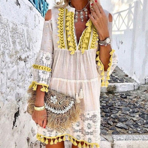 Women 3/4 Sleeve Boho Mini Dress Ladeis Casual V Neck Tassel Cold Shoulder Dress - Picture 19 of 19
