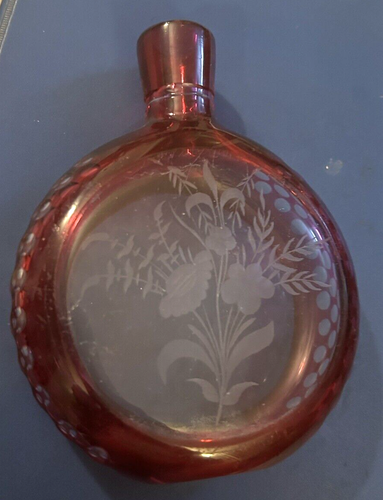 Cranberry Glass Cut to Clear Etched Bottle Flask Old 6 1/4" tall - Picture 8 of 9