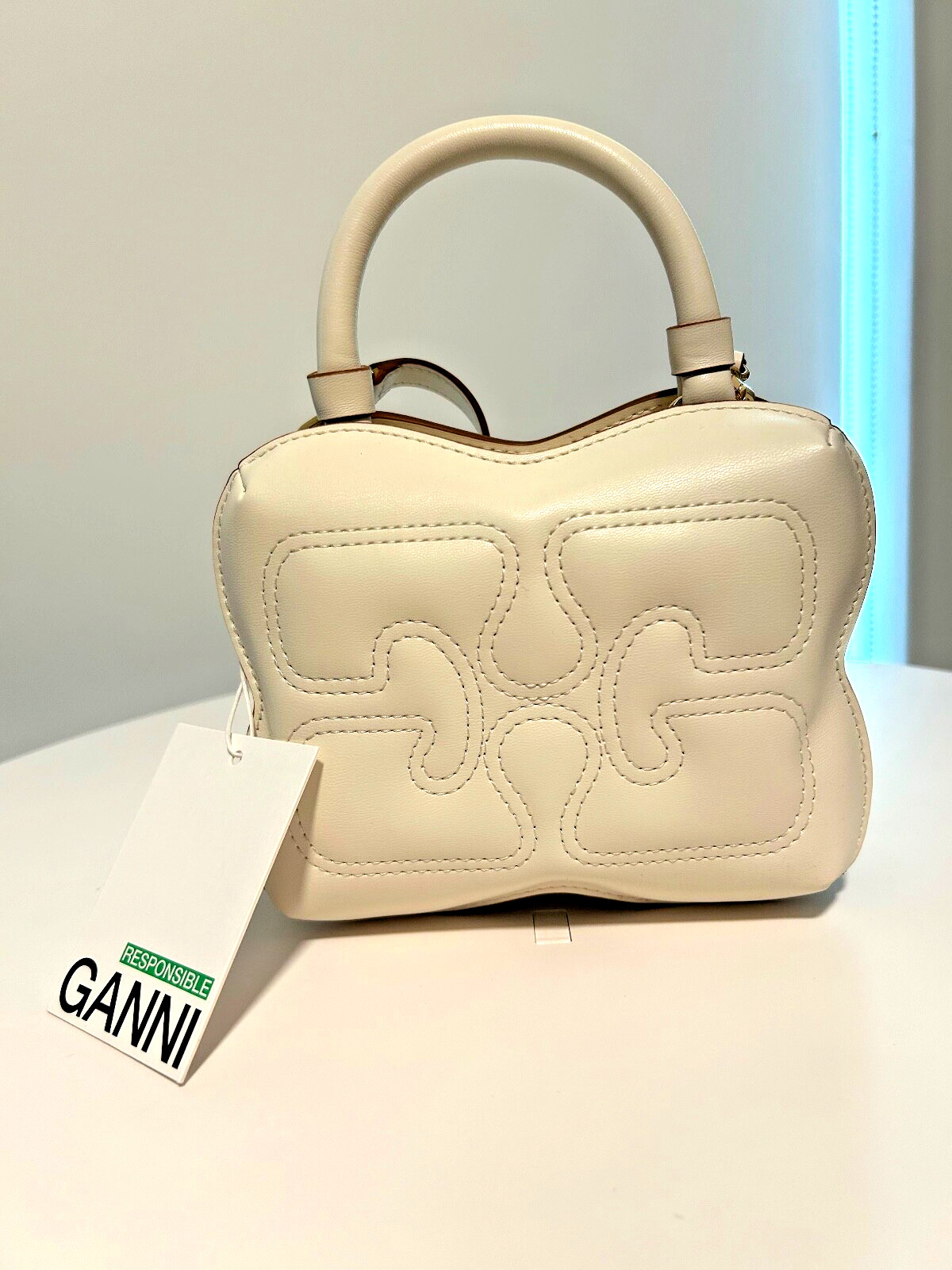 Ganni Small White Butterfly Crossbody Bag in Egret White Leather New Authentic