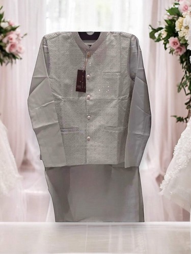 Traditional Gray Silk Kurta Set for Men with Pant and Coat - HT6423 - Picture 10 of 11