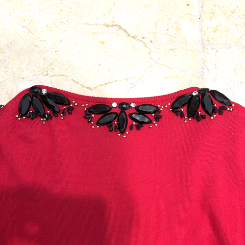 BOSTON PROPER Gorgeous Embellished Red Cardigan Sweater, 3/4 Sleeve Size S, NWOT - Picture 4 of 5