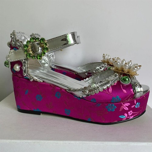 Sandalias de tacón de cuña con hebilla de diamantes de imitación de plataforma para mujer zapatos de perlas florales - Imagen 8 de 17