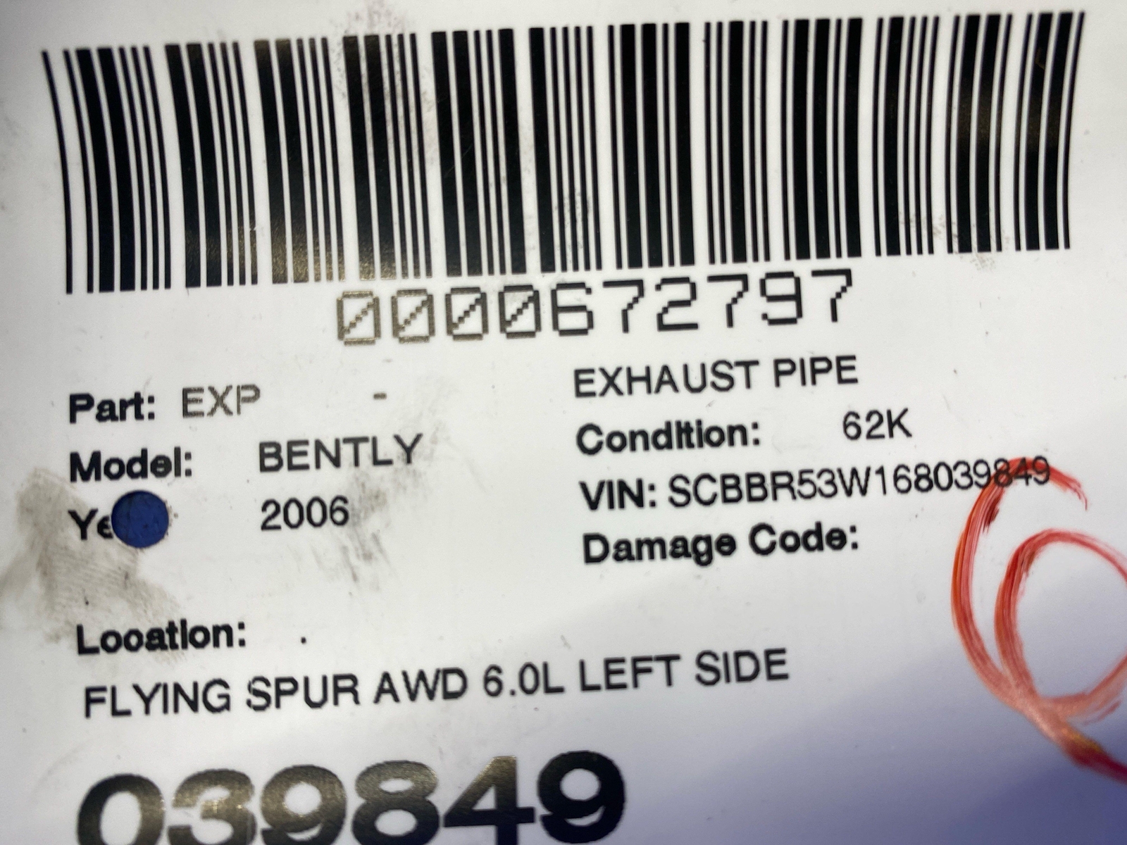 2006-2012 BENTLEY CONTINENTAL FLYING SPUR AWD 6.0L LEFT EXHAUST HEADER FLEX PIPE