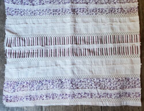 Cotton Fabric Ticking Stripe & Calico With Textured Lace & Trim 44"W x 2+ Yards - Picture 2 of 6