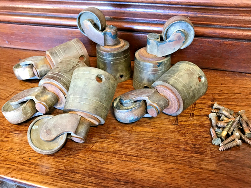 Antique Furniture Salvage 6 BRASS SWIVEL WHEELS End Cap Style WITH SCREWS 1900's - Picture 2 of 11