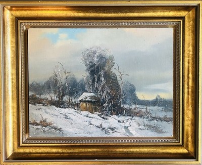 Ralphen, signed winter landscape, house, trees, castle, realism, Australia, Germany 1985