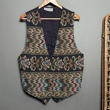 Vtg Tapestry Vest Sz Black Floral Woven Cottagecore 90s 80s Mixed Pattern