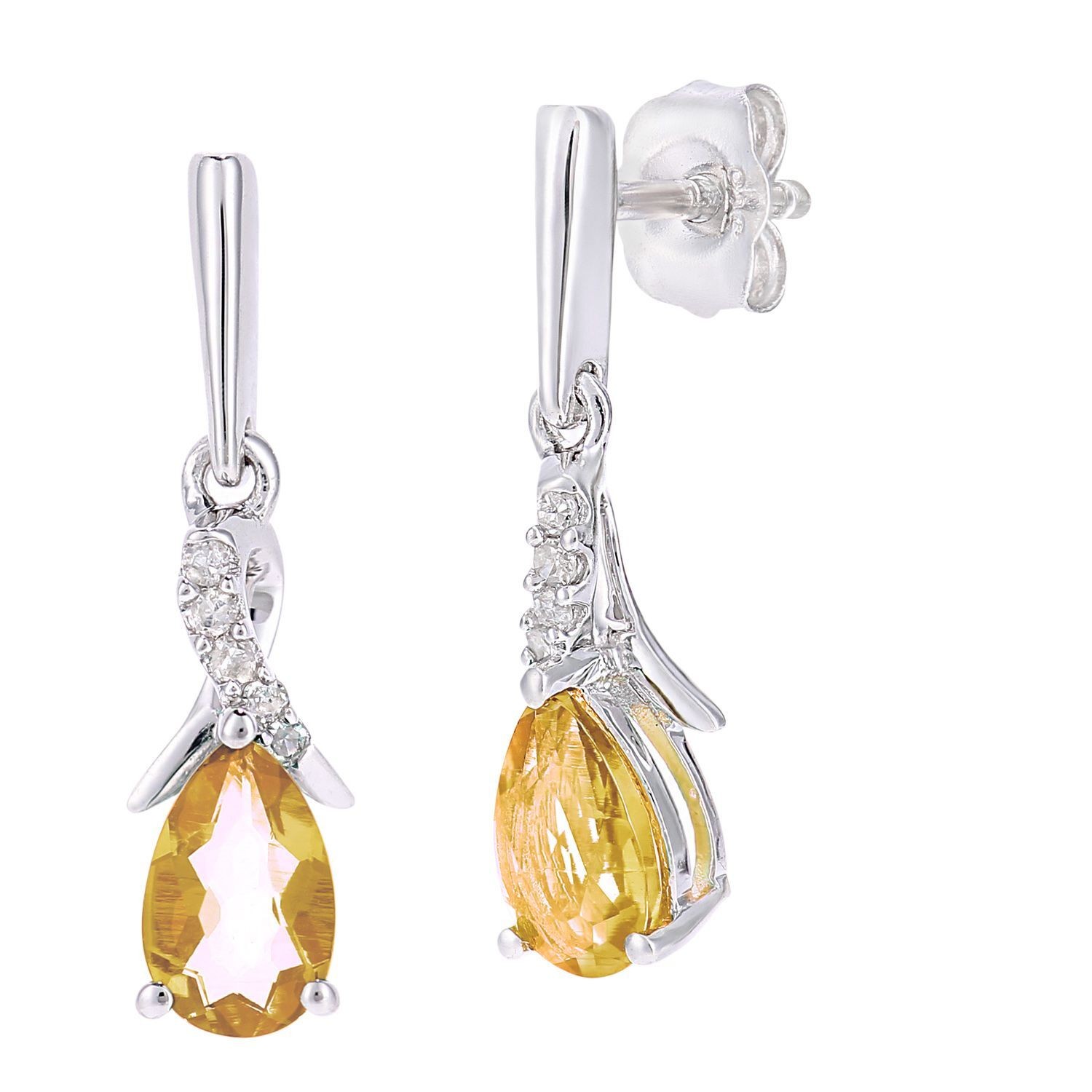 9ct White Gold Jewelco London 5pts Diamond Pear 3/4ct Citrine Kiss Drop Earrings