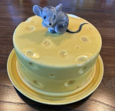 Vintage Ceramic Lefton Mouse Round Cheese Dish Plate Yellow w/Lid EX COND Japan