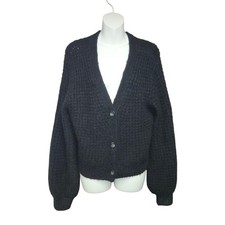 Abercrombie Fitch Black Knit Cardigan Womens L Textured Cropped Ballon Sleeve
