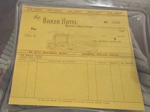 Vintage unbenutzt Scheck Bäcker Hotel Mineral Brunnen Texas - Bild 4 von 8