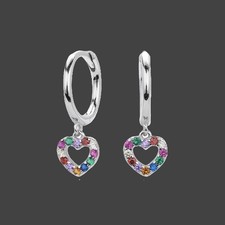925 Sterling Silver Multicolor Sapphire Heart Drop 3/4'' Earrings Gemstone