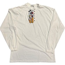 Vintage Disney Store Henley Long Sleeve Mickey Goofy Pluto Tee Large White
