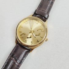 Avon Gold Tone Footprints in the Sand Watch Embossed Brown Leather Band Working