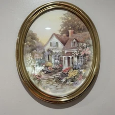 Vintage Lee K Parkinson Garden Country Cottage Art Print Oval Frame Lithograph