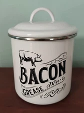 White Enamel Bacon Grease Saver Container w/Lid Pig Graphics 5" H X 5" W 40 Oz