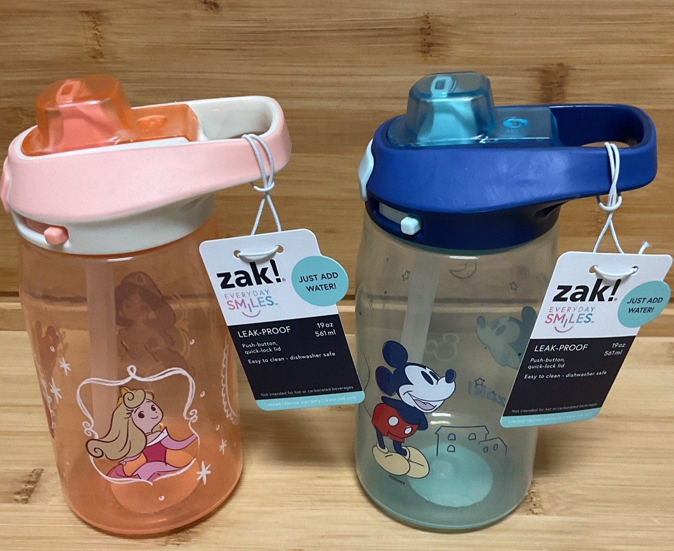 Lot 2 ZAK Disney Princess Mickey Sip Water Bottle Toddler Le