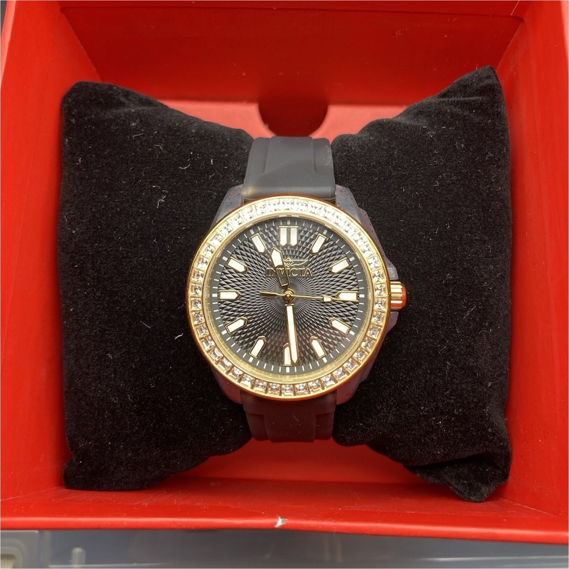 Invicta Crystal Bezel Black Gold Analog Women's Wristwatch Rubber Band