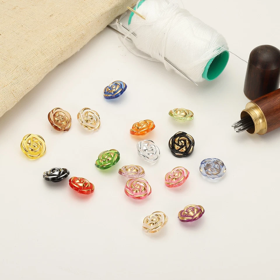 30Pcs Rose Flower Buttons,Cute Buttons for Clothes, Green/Gold - Image 4 of 4