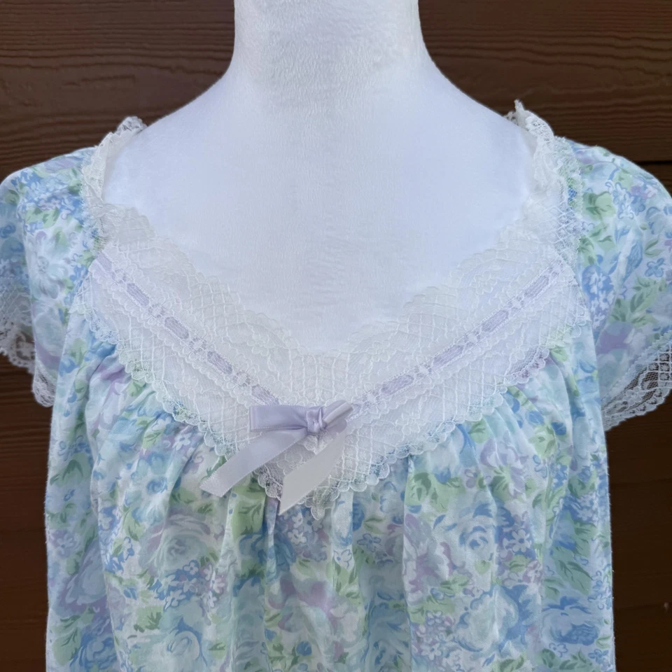 Vintage Miss Elaine Sleepshirt Womens Large Blue Floral Cotton Chemise Lace USA - Image 2 of 4