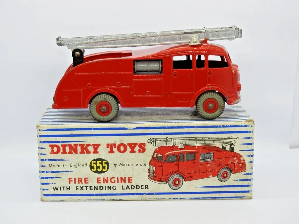 DINKY TOYS 1952-54 EXCELENTE CAJA Nº555 MOTOR DE BOMBEROS EN CAJA DE TRANSICIÓN A RAYAS Foto 4 de 4