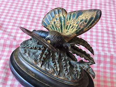 Sculpture Bronze Papillon Sphinx aux ailes mobiles polychromie Laquée. 19ème - Photo 1/4