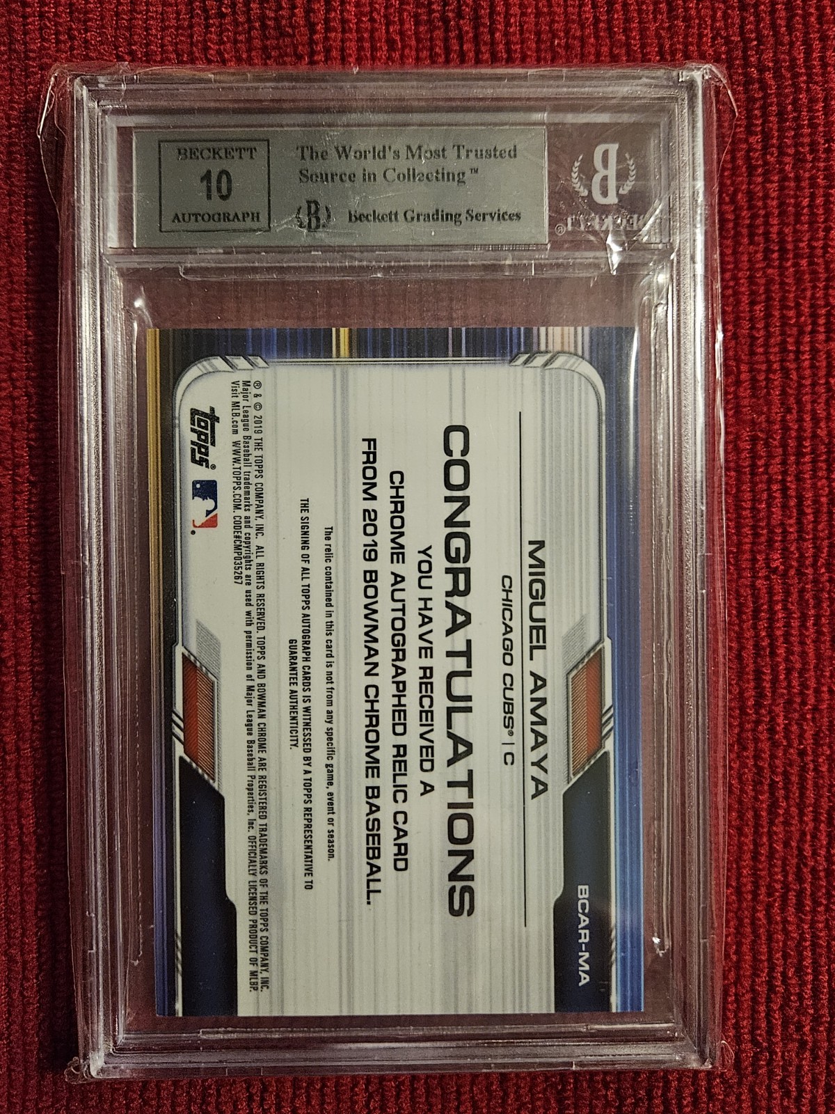 Miguel Amaya 2019 Bowman Chrome Auto Relic Orange Refractor #15/25 BGS 9/10 Cubs view 3