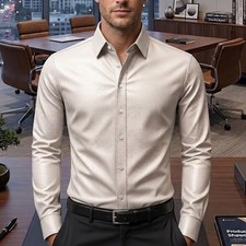 MEN'S White Sheepskin Real Leather Dress Shirt Long Sleeves Button Closure