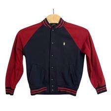 Polo Ralph Lauren Women's Navy Red Fleece Varsity Letterman Jacket Snap Front M