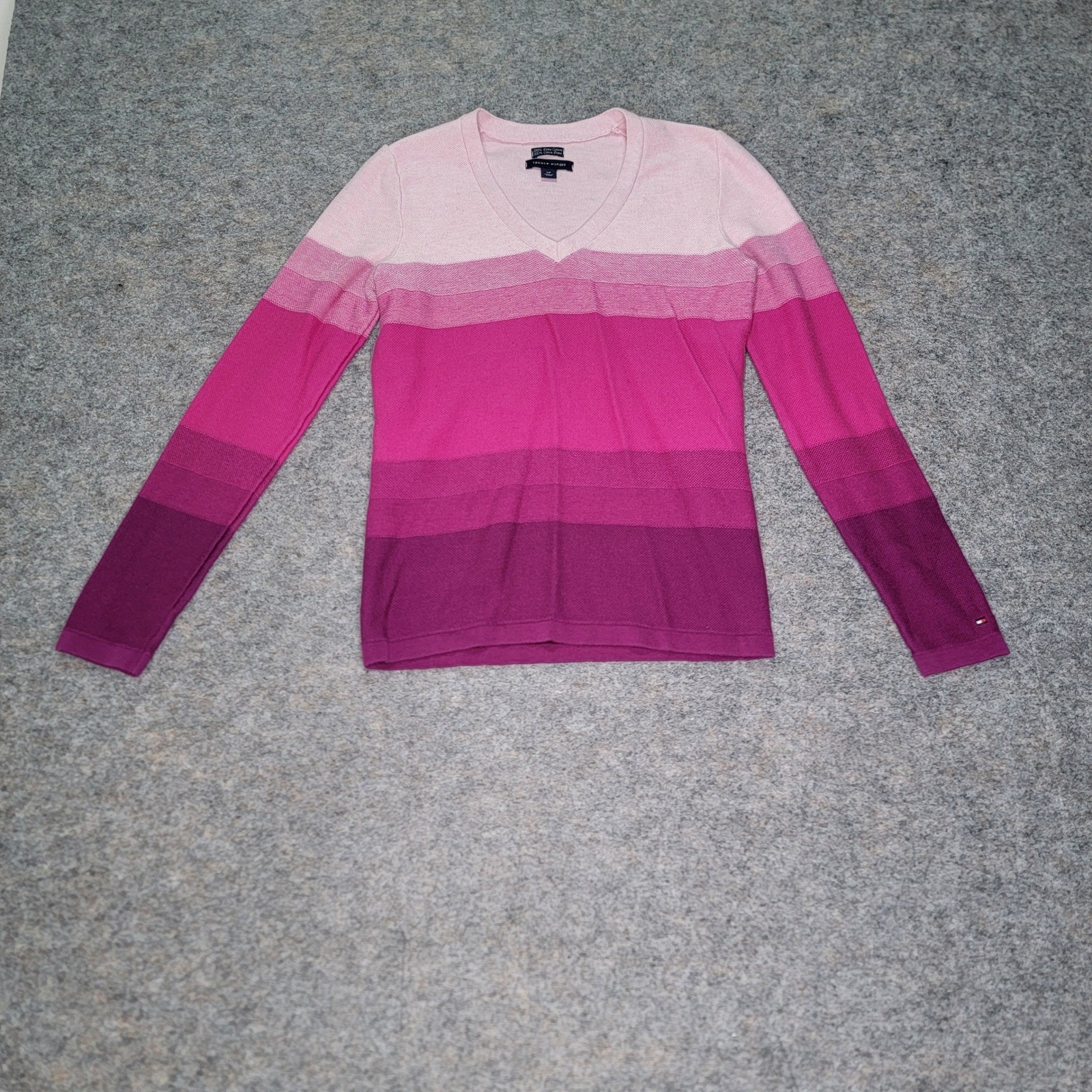 Tommy Hilfiger Womens Sweater Small Pink Purple Ombre Stripe V Neck Pima thumbnail 2